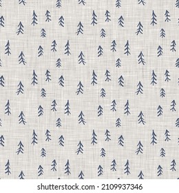 
Farmhouse Blue Winter Fir Tree Linen Seamless Pattern. Tonal French Country Cottage Style Background. Simple Vintage Rustic Fabric Textile Effect. Stylised Natural Shabby Chic Kitchen Cloth.
