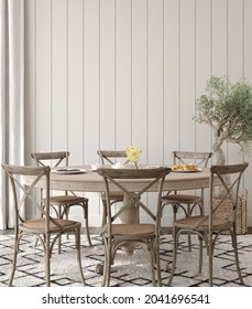 Farmhouse Dining Room Interior Background, Wall Mockup, 3d Render