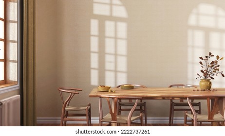 Farmhouse dining room with wooden table and chairs in yellow and beige tones. Plaster walls, boho interior design, 3d illustration - Powered by Shutterstock