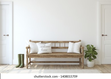 Farmhouse Entryway. Wooden Bench Near White Wall. Interior Mockup. 3d Render.