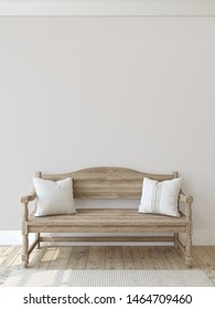 Farmhouse Entryway. Wooden Bench Near Empty Wall. Interior Mockup. 3d Render.