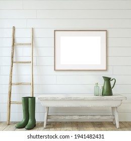 Farmhouse Entryway. Wooden Bench Near White Shiplap Wall. Interior And Frame Mockup. 3d Render.