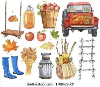 Farmhouse Fall Decor Watercolor Clipart. Cozy Autumn Illustrations. Harvest Truck With Pumpkin. Fall Leaves, Rustic Wooden Home Decor.