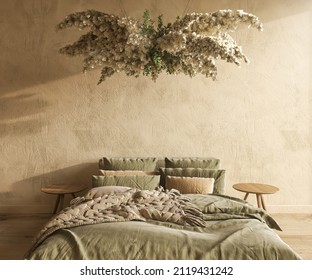 Farmhouse Interior Bedroom Mockup. Bed With Green Blanket And Chandelier With Dry Flowers. 3d Render Illustration Rustic Style On Empty Beige Wall.