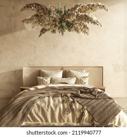 Farmhouse Interior Bedroom Mockup. Bed With Blanket And Chandelier With Dry Flowers. 3d Render Illustration Scandi-Boho Style On Empty Beige Wall.