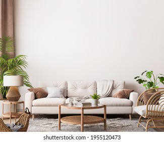 farmhouse interior living room, empty wall mockup in white room with wooden furniture and lots of green plants, 3d render, 3d illustration