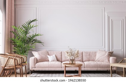 Farmhouse Interior Living Room, Empty Wall Mockup In White Room With Pastel Pink Sofa, Wooden Furniture And Green Plant, 3d Render, 3d Illustration