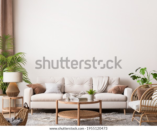 farmhouse interior living room, empty wall\
mockup in white room with wooden furniture and lots of green\
plants, 3d render, 3d\
illustration