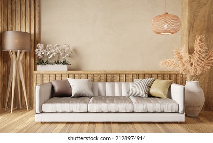 Farmhouse Interior Living Room Minimalist Style, Empty Wall Prototype In Cream Color Room With Sofa And Lamp, 3d Rendering