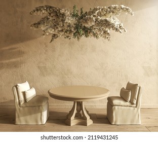 Farmhouse Interior Mockup With Dining Table And Chair With Chandelier And Dry Flowers. 3d Render Illustration Rustic Style On Empty Beige Background.