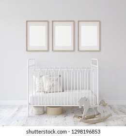 Farmhouse Nursery. White Metal Crib Near White Wall. Three Wooden Frames On The Wall. Interior And Frame Mockup. 3d Rendering.