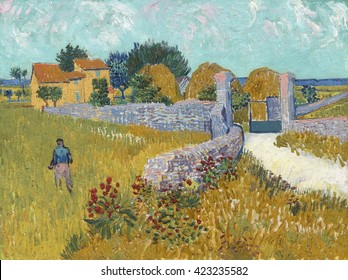 Farmhouse in Provence, by Vincent van Gogh, 1888, Dutch Post-Impressionist painting, oil on canvas. Van Gogh's time in Arles was amazingly productive. In about 15 months just 444 days