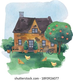 farmhouse watercolor farm, watercolor garden digital illustration, summer clipart images, farm background, farm life summer clip art