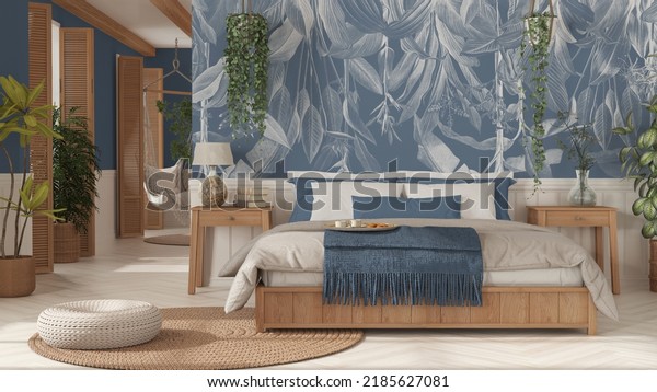 Farmhouse wooden bedroom in boho style in white and blue tones. Double bed, hanging chair and potted plants. Window with shutters and wallpaper. Country vintage interior design, 3d illustration