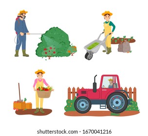 Farming people raster, man driving tractor working on land, woman holding basket filled with fruits and vegetables, male spraying bushes with liquid - Powered by Shutterstock