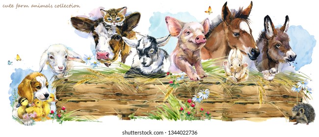 Farms Animal Set. Cute Domestic Pets Watercolor Illustration. Foal,
Piggy, Chicken, Dog, Duckling, Sheep, Goat, Calf, Donkey, Kitten,