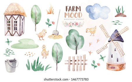 farms animal set. Cute domestic pets watercolor illustration. horse and goose. pig design with goat. rooster chicken and sheep, cow