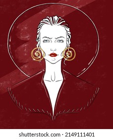 Fashion abstract illustration in red colors of a beautiful woman with blue eyes and gold earrings.