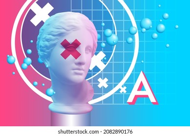 Fashion Art Collage With Plaster Antique Sculpture Of Venus Face In Pop Art Style. Poster With 3D Objects Of Contemporary Art. Amazing Punk Minimalism.