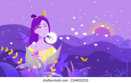 Fashion Beauty Blowing Dandelion Cartoon Illustration
