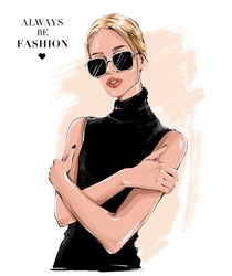 Fashion Blond Hair Girl In Sunglasses. Beautiful Young Woman Posing. Stylish Girl Poster. Fashion Illustration.