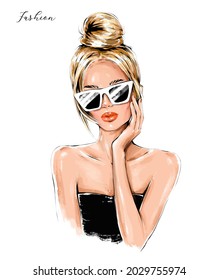 Fashion blond hair girl in sunglasses. Beautiful woman face. Fashion woman with hair bun. Fashion Illustration.