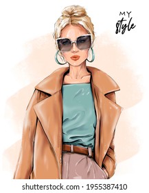 Fashion blond hair woman. Beautiful girl in sunglasses. Stylish girl in coat. Fashion illustration.