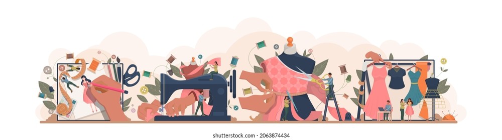 Fashion or clothes designer concept. Tiny tailor masters sewing clothes and working with a mannequin. Designing new collection in sewing studio. Dressmaker working on sewing machine illustration
