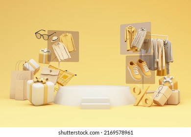 fashion clothes During online shopping promotions and discounts will be surrounded by shirts, shoes, sunglasses and gift boxes and packages with advertising space banner pastel background 3d rendering - Powered by Shutterstock