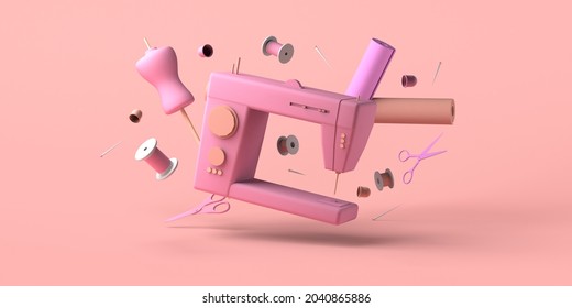 Fashion clothing designer concept with mannequin and sewing machine floating. Copy space. 3D illustration.