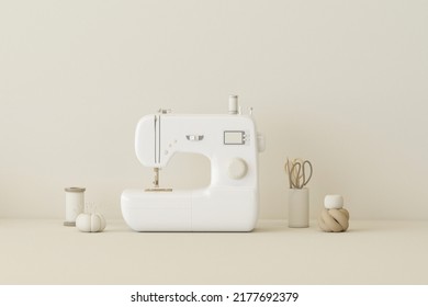 Fashion clothing designer concept with sewing threads and sewing machine floating on beige background. Tailoring shop with mannequins, fabrics and thimbles. Feminine copy space template 3d render
