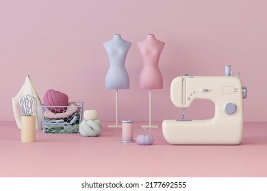 Fashion clothing designer concept with sewing machine floating on purple and pink background. Tailoring shop with mannequins, fabrics and thimbles. Feminine copy space template 3d render
