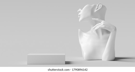 Fashion or cosmetic product display white background, mannequin parts showcase, elegant female hand and bust, 3d rendering
