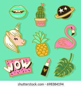 
Fashion Cute Enamel Pin, Patches, Stickers Set. Pop Art Fashion Illustration.