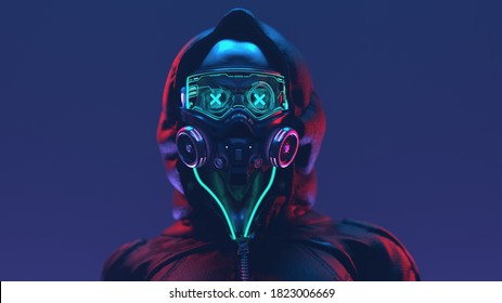 Fashion cyberpunk girl in leather black hoodie jacket wears gas mask with protective glasses and filters, glowing green wires. Colorful 3d illustration of sci-fi human skull with a cross in the eyes.