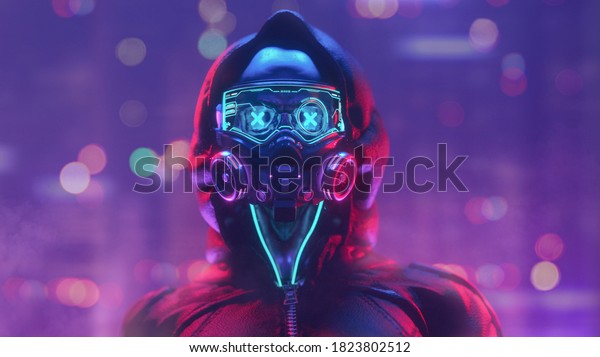 Fashion cyberpunk girl in leather hoodie jacket\
wears gas mask with protective glasses, filters. Colorful 3d render\
of human skull with cross in eyes, glowing green wires on night\
light bokeh in\
city.