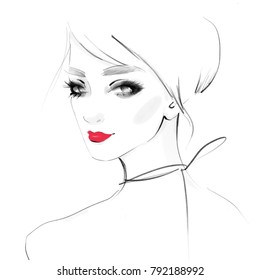 Fashion girl. Beautiful woman face portrait. Model look Art illustration. Red lips, smokey eyes, stylish makeup. Hand drawn watercolor sketch