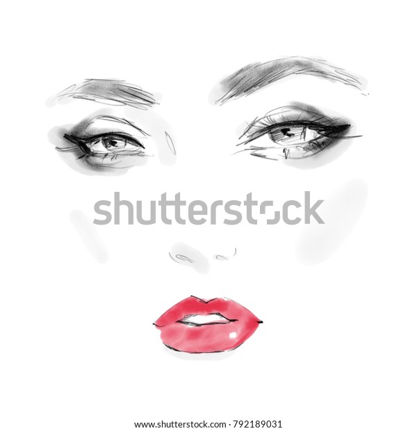 ファッションガール 美しい女性の顔のポートレート モデルルックアートイラスト 赤い唇 スモーキーな目 スタイリッシュなメイク 手描きの水色スケッチ の イラスト素材