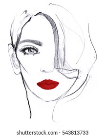 Fashion Girl Illustration. Hand Drawn Portrait Of A Young Woman Model Face With Red Lips Isolated On White Background. White And Black Art Pencil Sketch, Pink Marker, Watercolor.