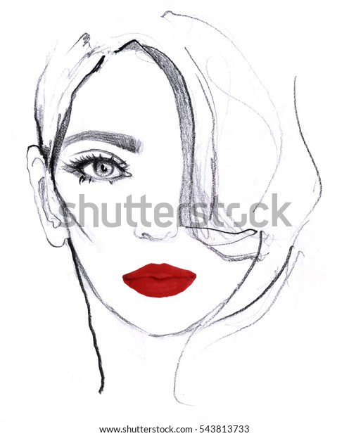 ファッションガールのイラスト 白い背景に赤い唇を持つ若い女性のモデルの手描きのポートレート 白と黒のアート鉛筆のスケッチ ピンクのマーカー 水の色 の イラスト素材