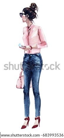 Fashion girl in jeans watercolor illustration