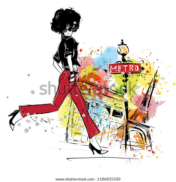 Fashion Girl Sketch Style Paris Stock Illustration