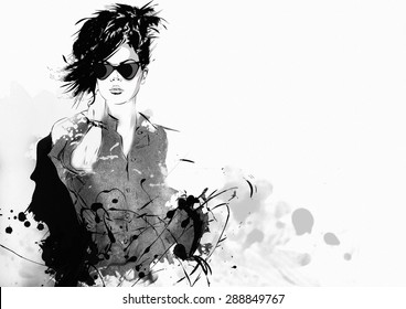 Fashion Girl In Sketch-style. Grunge Illustration.