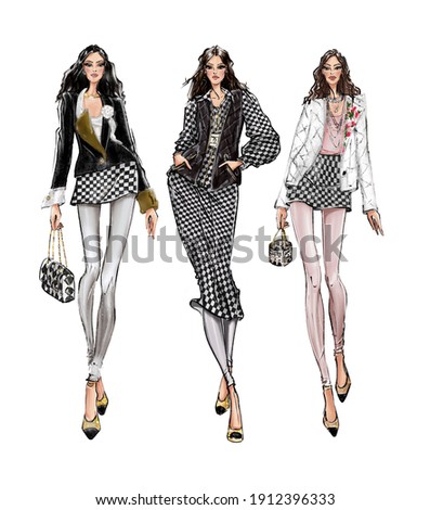Fashion girls. Three girls. Models.Abstract female character. Fashion illustration.