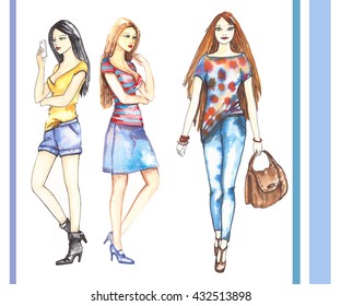 Fashion Girls Watercolor Painting Pencil Drawing Stock Illustration ...