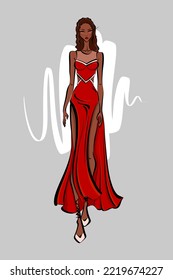 Fashion Glamour Sketch Of An Attractive African American Woman. Slim Tall Gorgeous Latino Model In An Impressive Cocktail Red Dress Is Walking At Runway Show. Arabic Or Indian Appearance Concept.