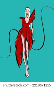 Fashion Glamour Sketch Of An Attractive Slender Woman With Long Straight Blonde Hair And Pale Skin. Slim Tall Gorgeous Model In A Impressive Cocktail Red Dress Is Walking At Runway Show. 