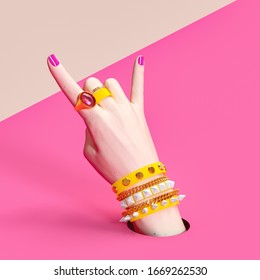 Fashion hipster accessories, Party concept, Rock hand sign, bad girl pink background, creative art protest banner,  3d rendering - Powered by Shutterstock