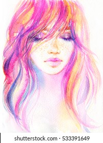 Fashion illustration. Abstract woman portrait. Watercolor painting