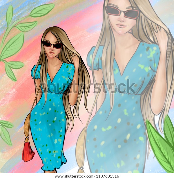 Fashion Illustration Beautiful Girl Blue Dress ภาพประกอบสต็อก 1107601316 Shutterstock 1044